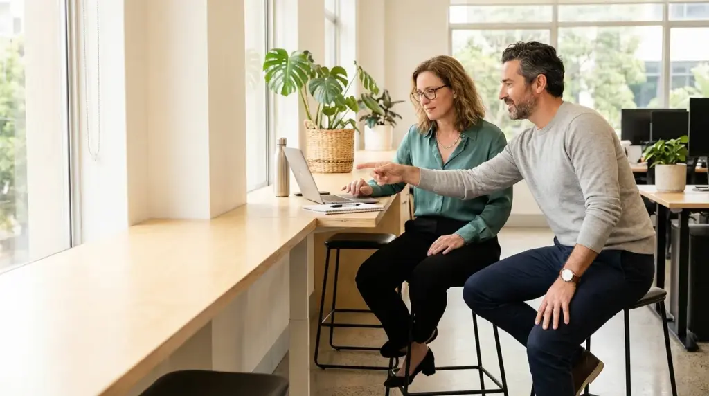 Two colleagues working on laptop in modern office