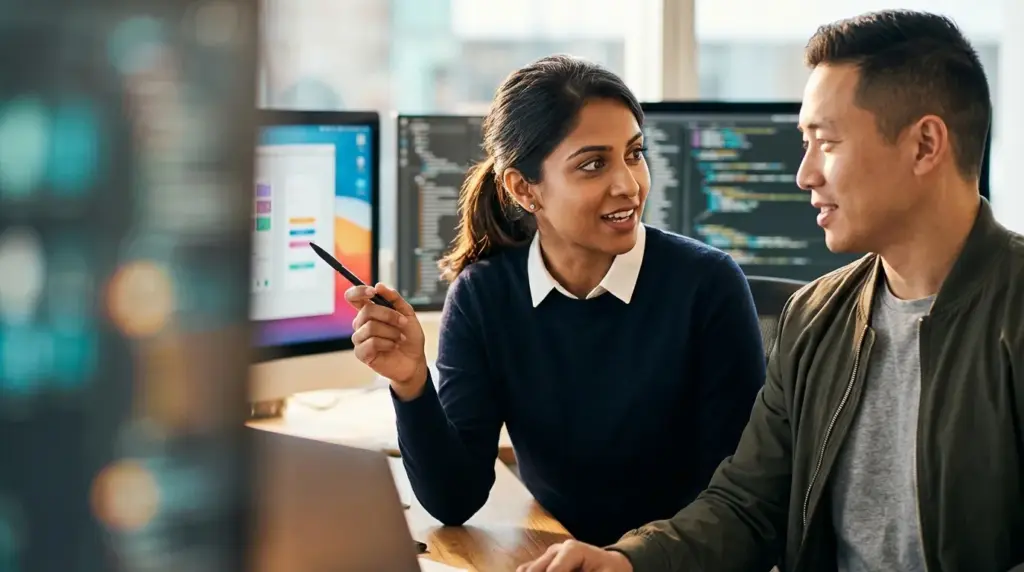 Two colleagues discussing code at computer screens