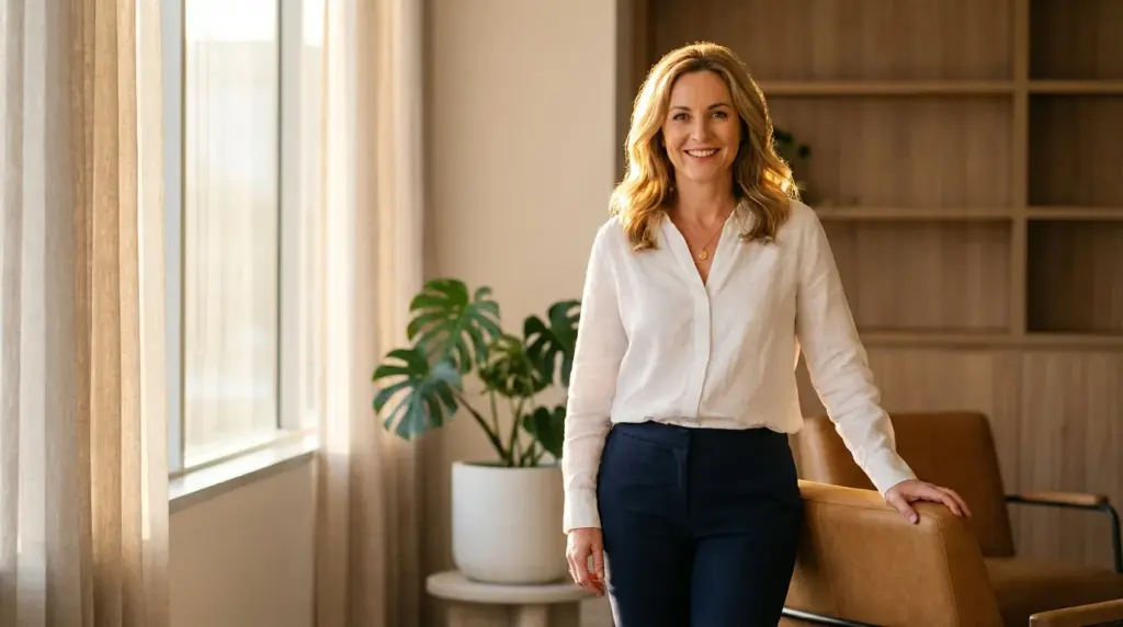 Smiling woman in modern sunlit office interior