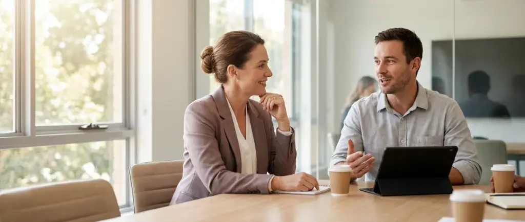 Two colleagues discussing work at office table