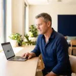 Man working on laptop in bright office