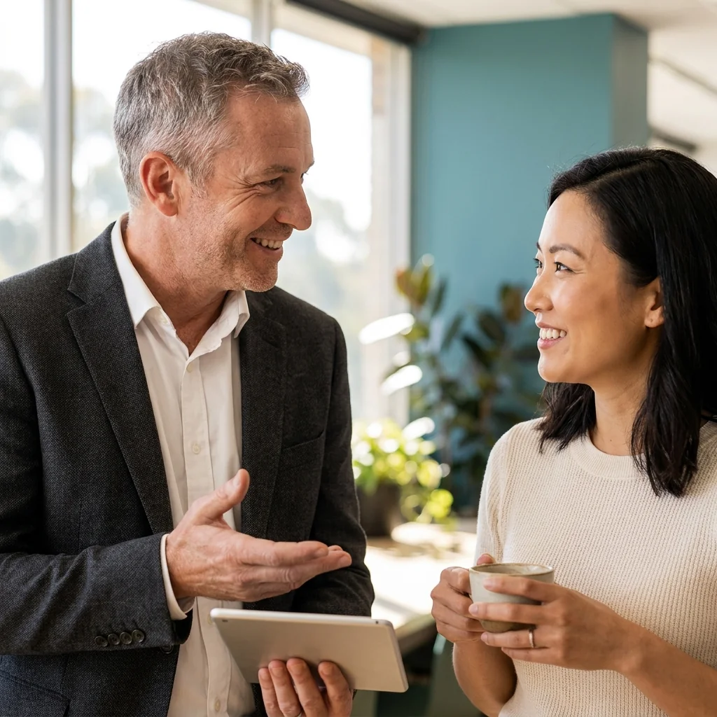 Two colleagues chatting over coffee in office