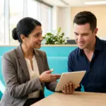 Two colleagues reviewing tablet in office