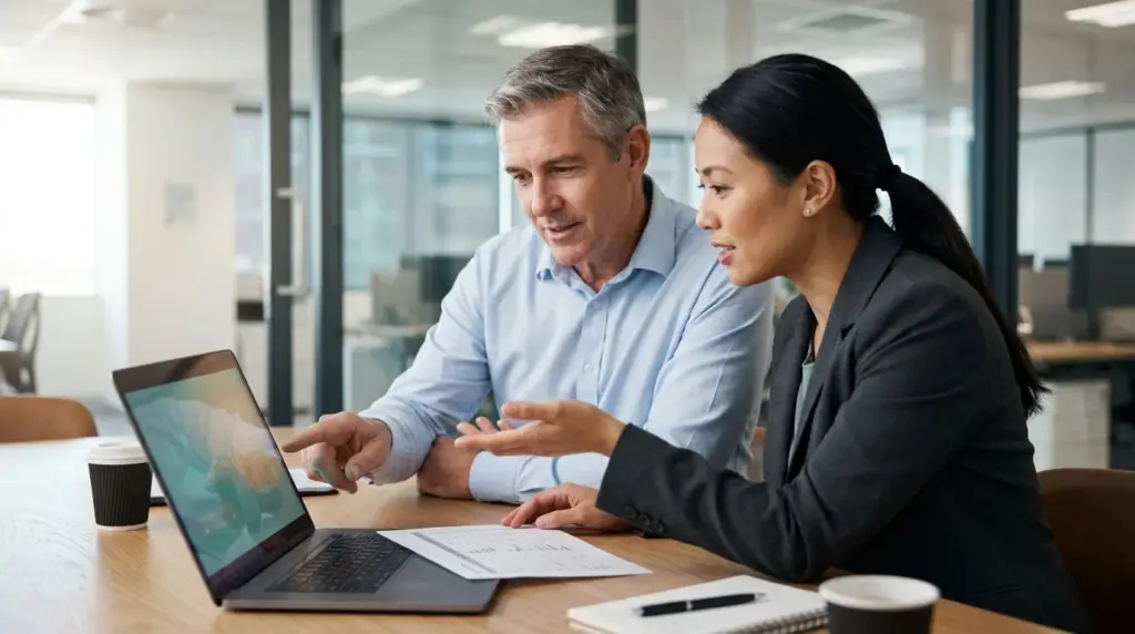Two colleagues reviewing data on laptop in office