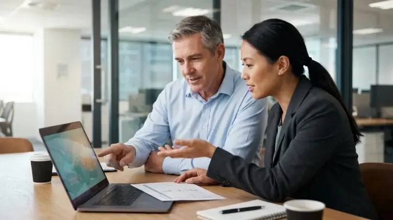 Two colleagues reviewing data on laptop in office
