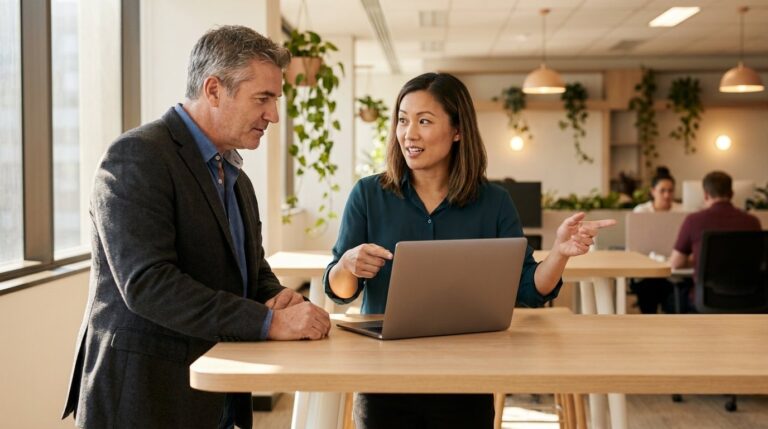 Colleagues discussing work at laptop in modern office