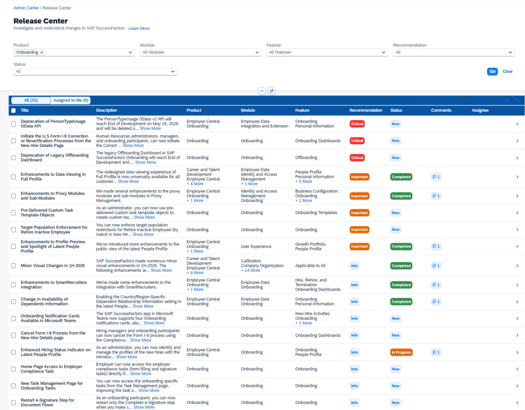 SAP SuccessFactors Release Center onboarding updates list