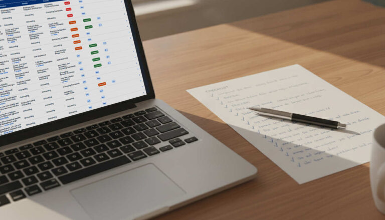 Laptop and handwritten checklist on wooden desk